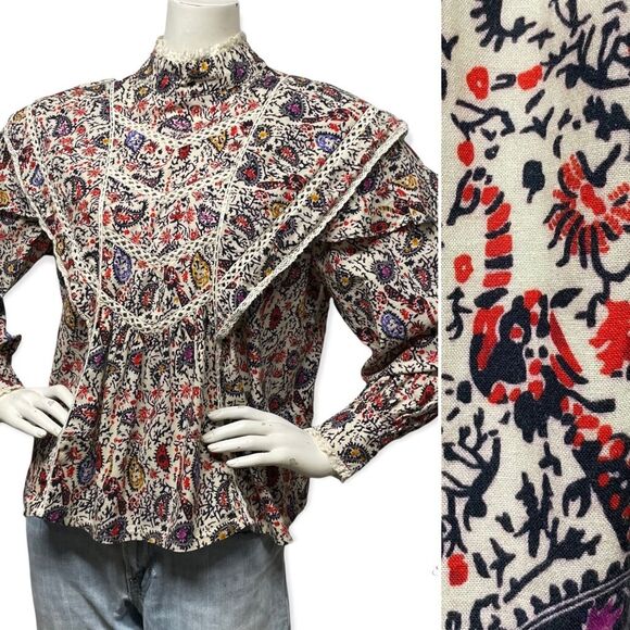 COTTAGECORE Prairie Vintage 70s Look Peacock Print Lace Trim Blouse Top M L - Picture 3 of 16